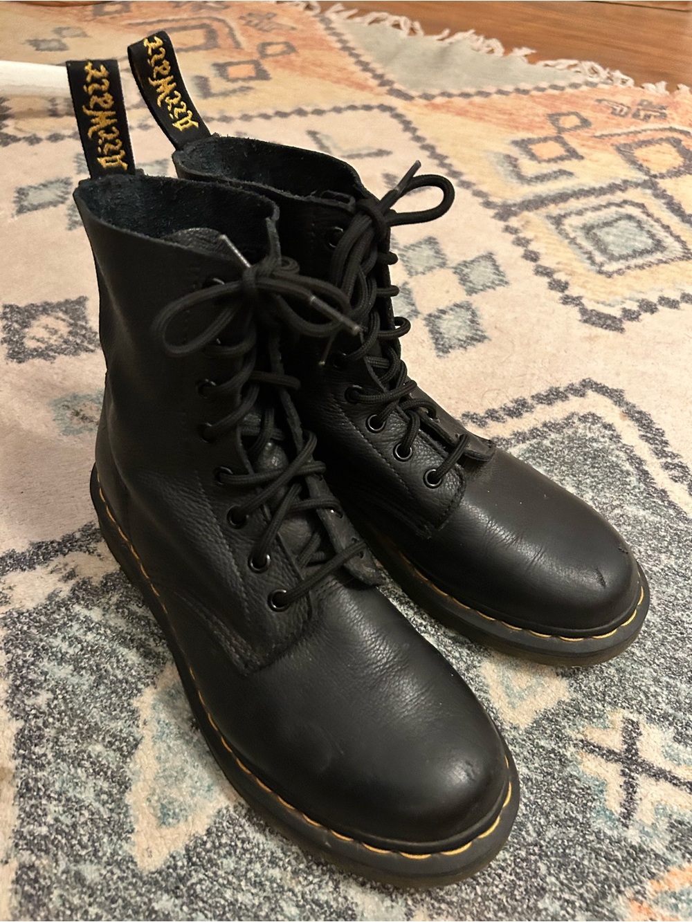Dr. Martens 1460 Pascal Soft Black Leather Lace-Up Boots with Yellow Welt Stitch